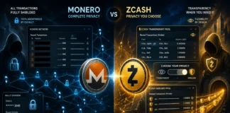 Illustration comparing Monero and Zcash, showing privacy vs optional transparency in cryptocurrency