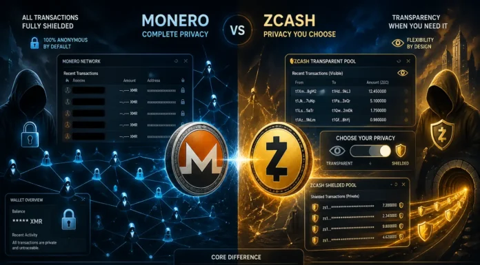 Illustration comparing Monero and Zcash, showing privacy vs optional transparency in cryptocurrency