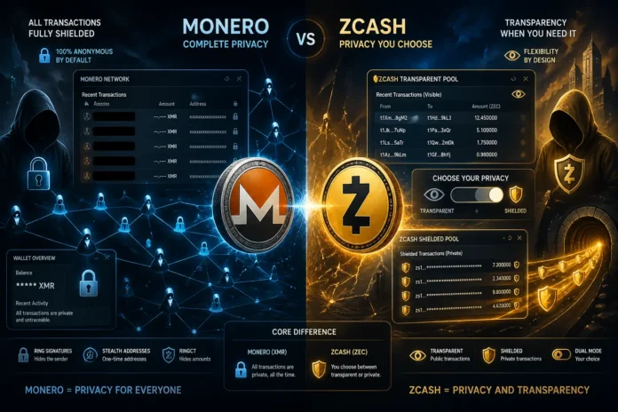 Illustration comparing Monero and Zcash, showing privacy vs optional transparency in cryptocurrency
