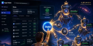 Keplr wallet staking ATOM with validators and Cosmos network visualization.