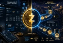 Concept art of Zcash private transactions, showing a shielded blockchain where encrypted crypto transfers move invisibly through a secure digital system