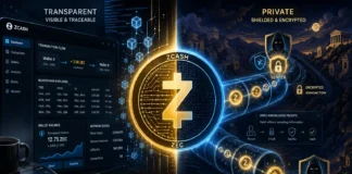 Concept art of Zcash private transactions, showing a shielded blockchain where encrypted crypto transfers move invisibly through a secure digital system