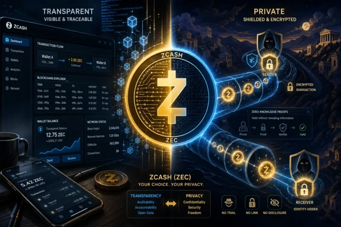 Concept art of Zcash private transactions, showing a shielded blockchain where encrypted crypto transfers move invisibly through a secure digital system
