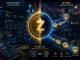 Concept art of Zcash private transactions, showing a shielded blockchain where encrypted crypto transfers move invisibly through a secure digital system