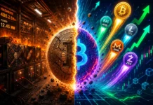 A high-detail image of crypto mining rigs with coins like Bitcoin, Kaspa, and Monero rising upward, surrounded by glowing blockchain networks.