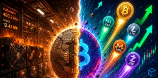 A high-detail image of crypto mining rigs with coins like Bitcoin, Kaspa, and Monero rising upward, surrounded by glowing blockchain networks.