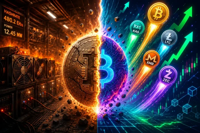 A high-detail image of crypto mining rigs with coins like Bitcoin, Kaspa, and Monero rising upward, surrounded by glowing blockchain networks.