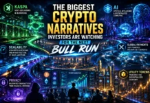 The Biggest Crypto Narratives Investors Are Watching for the Next Bull Run A futuristic illustration featuring major crypto narratives, including Kaspa (KAS) mining infrastructure, AI-powered blockchain systems, high-speed cryptocurrencies, utility-token ecosystems, and the rapid expansion of digital finance.
