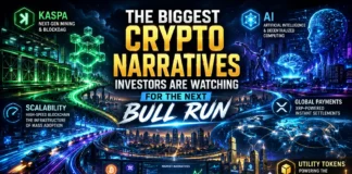 A futuristic illustration featuring major crypto narratives, including Kaspa (KAS) mining infrastructure, AI-powered blockchain systems, high-speed cryptocurrencies, utility-token ecosystems, and the rapid expansion of digital finance.