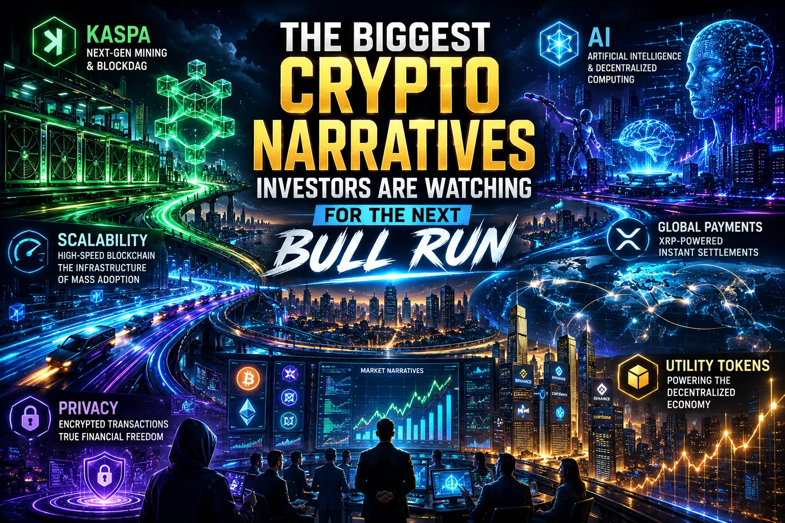 The Biggest Crypto Narratives Investors Are Watching for the Next Bull Run A futuristic illustration featuring major crypto narratives, including Kaspa (KAS) mining infrastructure, AI-powered blockchain systems, high-speed cryptocurrencies, utility-token ecosystems, and the rapid expansion of digital finance.