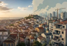 Simple visual of Portugal with housing problems, money issues, and urban growth.