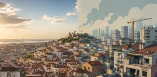 Simple visual of Portugal with housing problems, money issues, and urban growth.