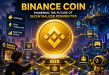 A representation of Binance Coin in a future digital world, with bright network lines representing blockchain connections and online finance.