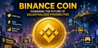 A representation of Binance Coin in a future digital world, with bright network lines representing blockchain connections and online finance.