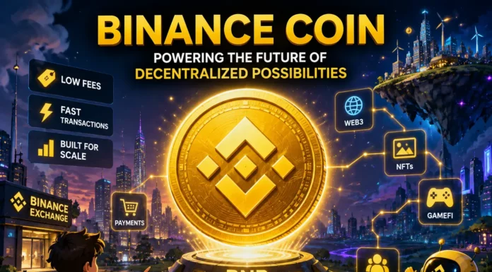 A representation of Binance Coin in a future digital world, with bright network lines representing blockchain connections and online finance.
