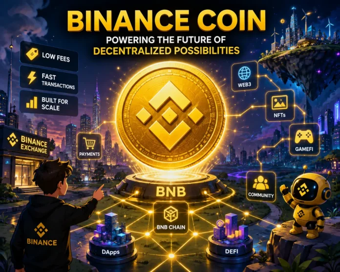 A representation of Binance Coin in a future digital world, with bright network lines representing blockchain connections and online finance.
