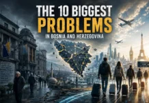 The 10 Biggest Problems in Bosnia and Herzegovina A Pure representation of Bosnia and Herzegovina through divided political symbols, signs of economic strain, urban pollution, and the departure of young people from the country.