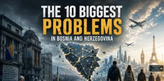 A Pure representation of Bosnia and Herzegovina through divided political symbols, signs of economic strain, urban pollution, and the departure of young people from the country.