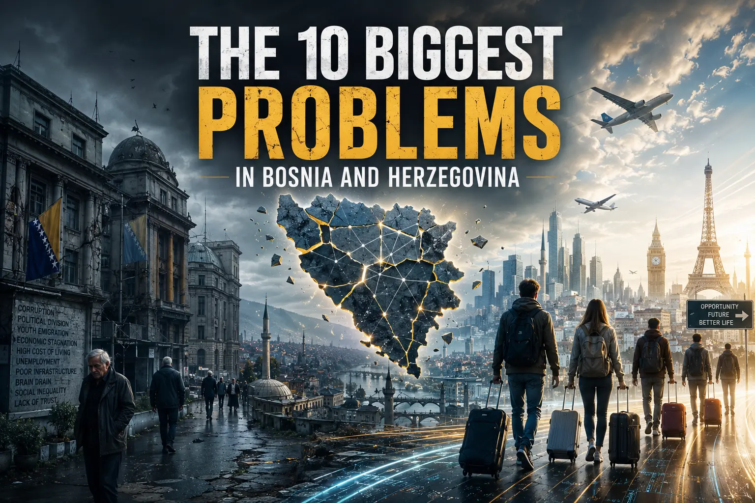 The 10 Biggest Problems in Bosnia and Herzegovina A Pure representation of Bosnia and Herzegovina through divided political symbols, signs of economic strain, urban pollution, and the departure of young people from the country.