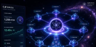 Cosmos staking network visualized with ATOM delegation, validator activity, and reward streams flowing across a decentralized system.