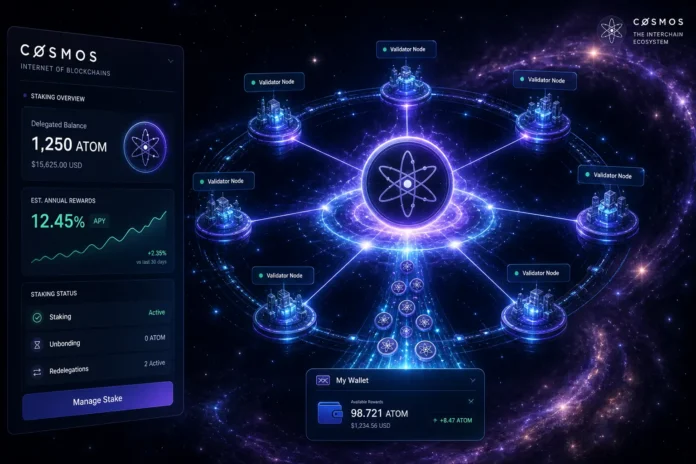 Cosmos staking network visualized with ATOM delegation, validator activity, and reward streams flowing across a decentralized system.