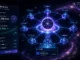 Cosmos staking network visualized with ATOM delegation, validator activity, and reward streams flowing across a decentralized system.