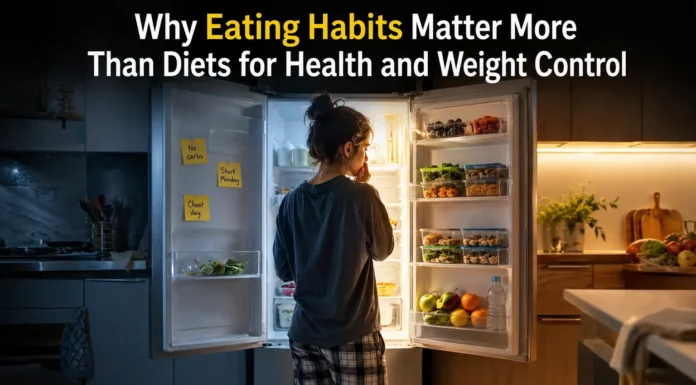 A realistic lifestyle representation comparing everyday eating habits with strict dieting, highlighting how daily choices shape long-term health and weight-loss outcomes.