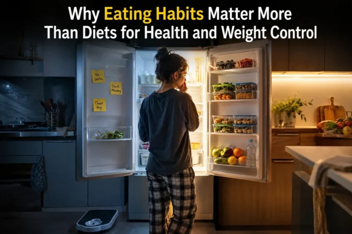 A realistic lifestyle representation comparing everyday eating habits with strict dieting, highlighting how daily choices shape long-term health and weight-loss outcomes.