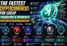 Visual depiction of Kaspa, XRP, TRON, and other cryptocurrencies powering rapid global transfers through neon blockchain pathways.