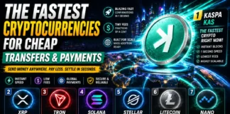 Visual depiction of Kaspa, XRP, TRON, and other cryptocurrencies powering rapid global transfers through neon blockchain pathways.