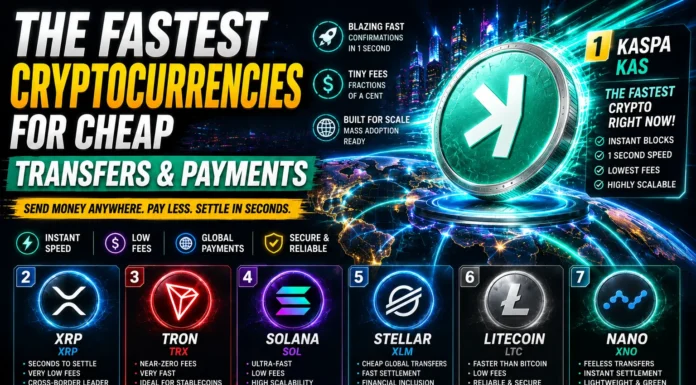Visual depiction of Kaspa, XRP, TRON, and other cryptocurrencies powering rapid global transfers through neon blockchain pathways.