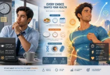 A modern health illustration comparing fasting vs three meals a day and their impact on nutrition and lifestyle.