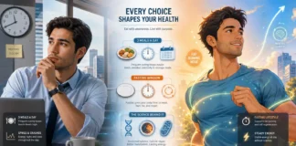 A modern health illustration comparing fasting vs three meals a day and their impact on nutrition and lifestyle.