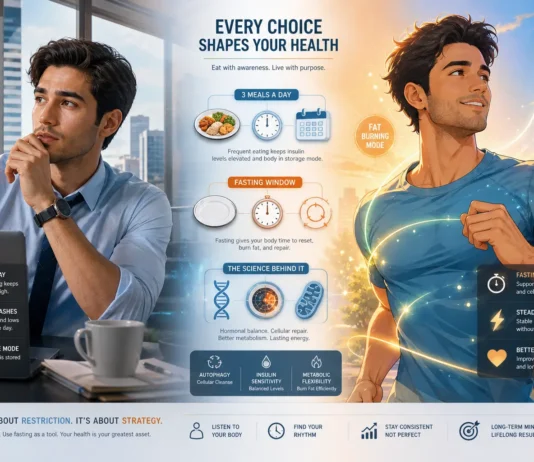 A modern health illustration comparing fasting vs three meals a day and their impact on nutrition and lifestyle.