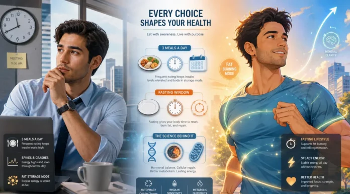 A modern health illustration comparing fasting vs three meals a day and their impact on nutrition and lifestyle.