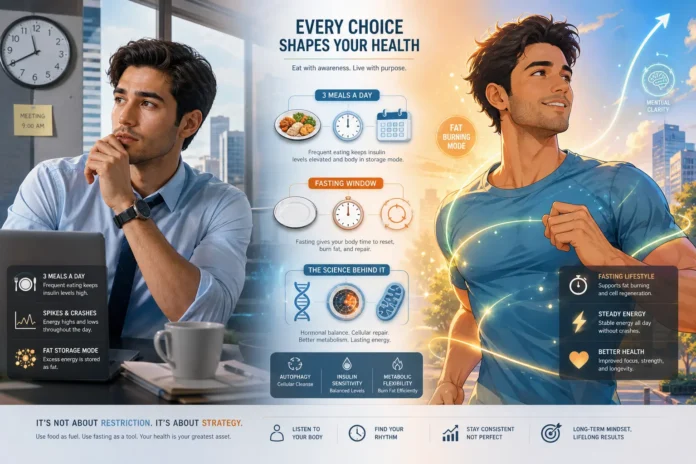 A modern health illustration comparing fasting vs three meals a day and their impact on nutrition and lifestyle.