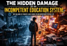 Students walking through a dark school hallway symbolize the hidden damage of an incompetent education system.