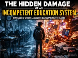 Students walking through a dark school hallway symbolize the hidden damage of an incompetent education system.