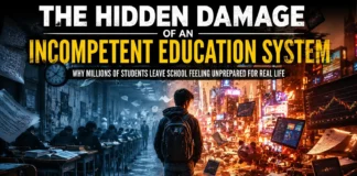 Students walking through a dark school hallway symbolize the hidden damage of an incompetent education system.
