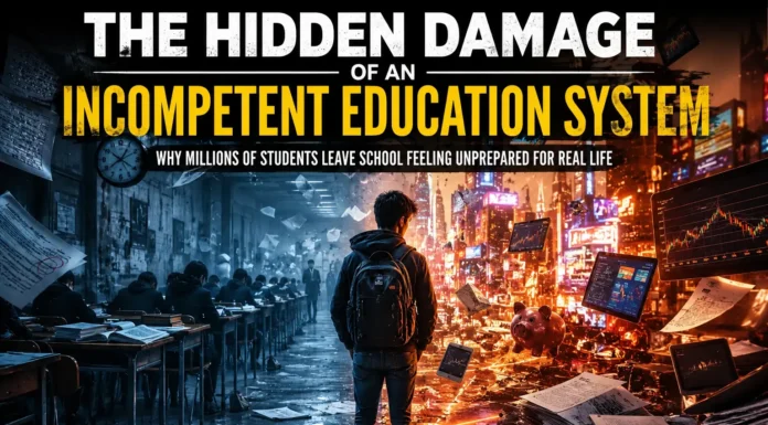 Students walking through a dark school hallway symbolize the hidden damage of an incompetent education system.