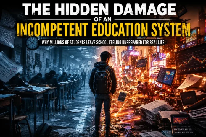 Students walking through a dark school hallway symbolize the hidden damage of an incompetent education system.