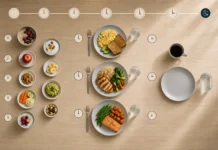 Realistic visual showing different meal timing schedules with a clock and healthy meals representing metabolism and eating frequency