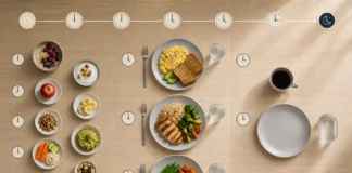 Realistic visual showing different meal timing schedules with a clock and healthy meals representing metabolism and eating frequency