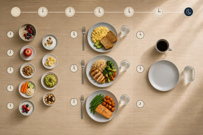 Realistic visual showing different meal timing schedules with a clock and healthy meals representing metabolism and eating frequency