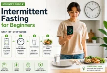 Realistic illustration of an intermittent fasting beginner schedule showing the eating window and fasting period with a clock and healthy meals