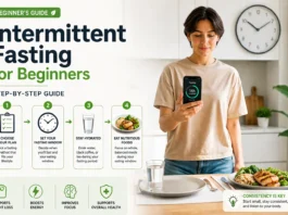 Realistic illustration of an intermittent fasting beginner schedule showing the eating window and fasting period with a clock and healthy meals