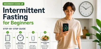 Realistic illustration of an intermittent fasting beginner schedule showing the eating window and fasting period with a clock and healthy meals