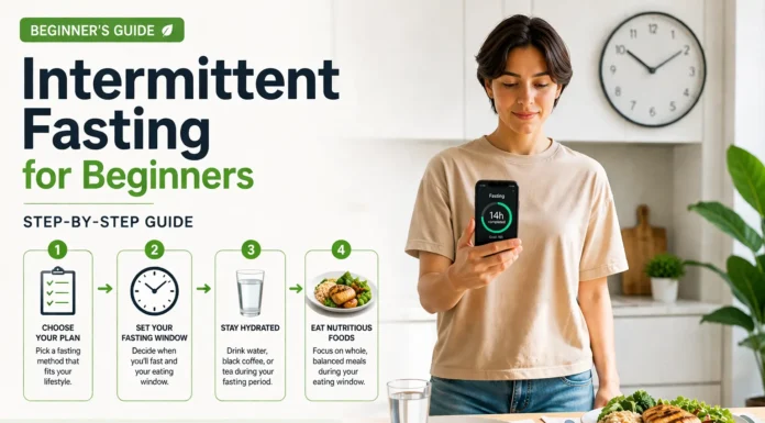 Realistic illustration of an intermittent fasting beginner schedule showing the eating window and fasting period with a clock and healthy meals