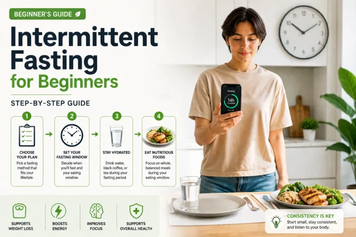 Realistic illustration of an intermittent fasting beginner schedule showing the eating window and fasting period with a clock and healthy meals