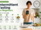Realistic illustration of an intermittent fasting beginner schedule showing the eating window and fasting period with a clock and healthy meals